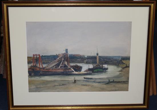 Jules Lessore (1849-1892) Steam dredger and the paddle tug Mistletoe, Kingston Beach, Shoreham Harbour, c.1880 13.5 x 19in.
